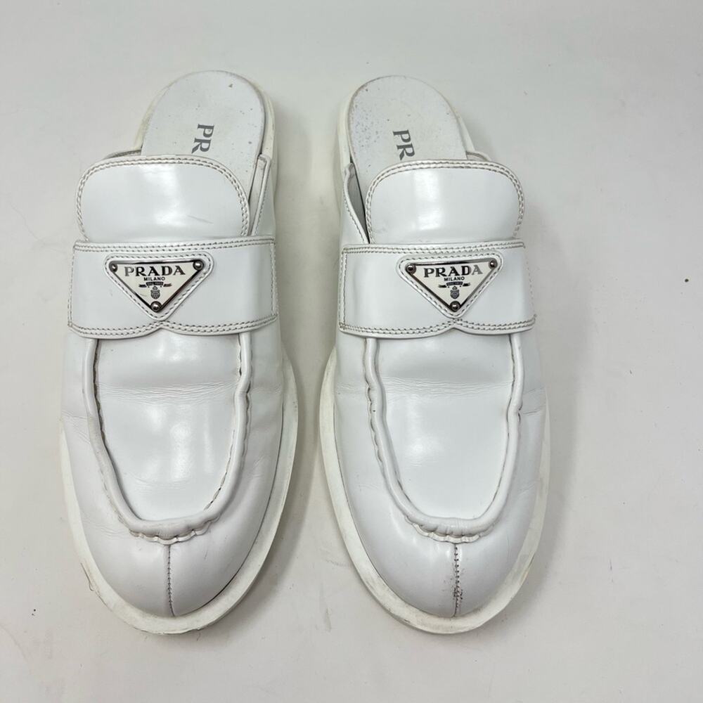 Prada Spazzolato Brushed Leather White Triangle Logo Mules  Size 41 - Picture 4 of 8